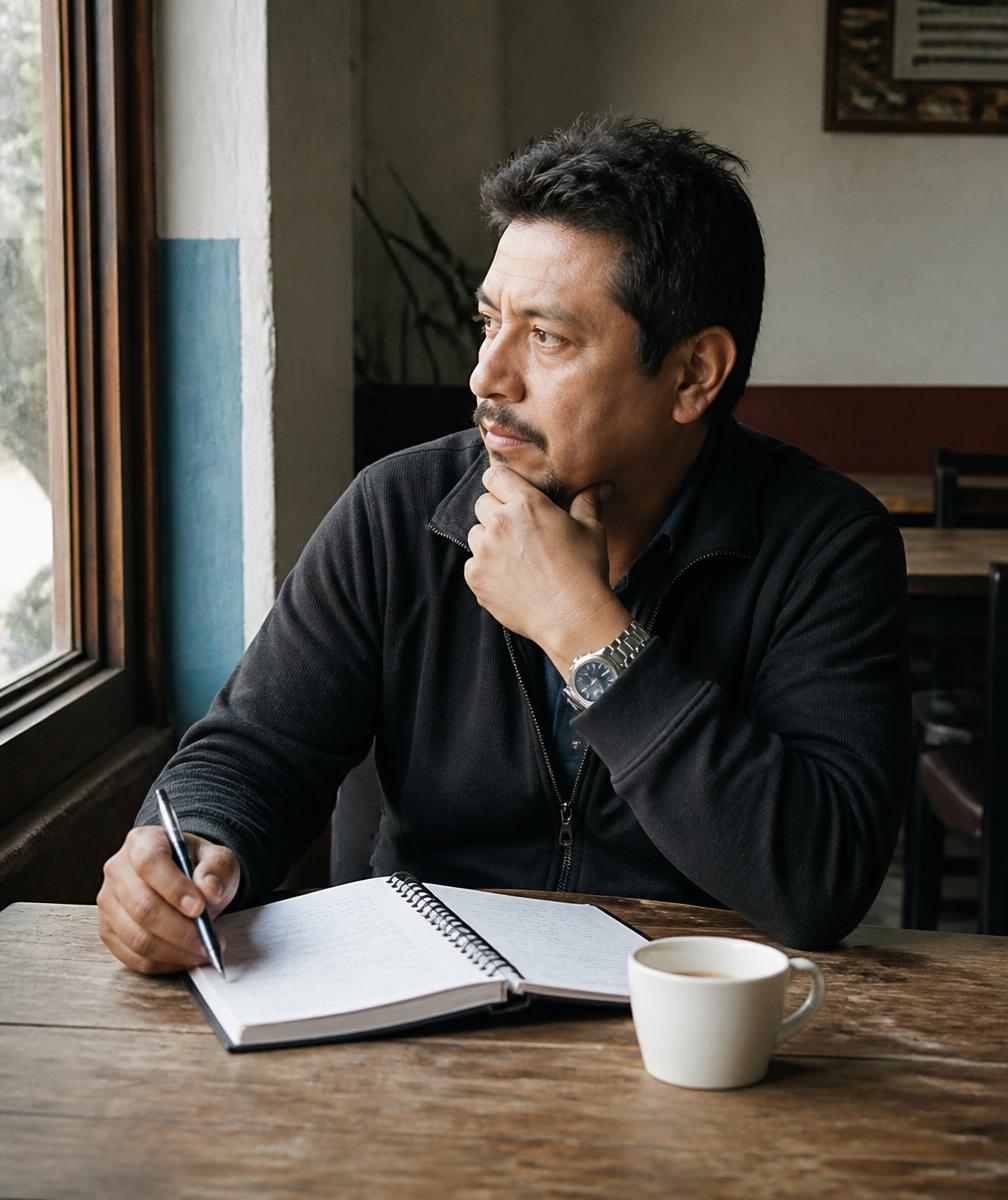 José Chauca escribiendo en su cuaderno junto a una ventana